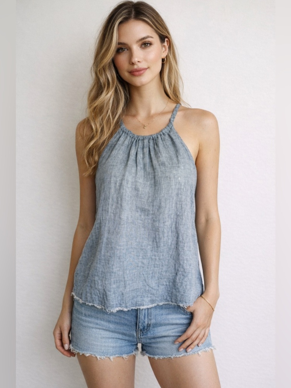Anthropologie Maeve Halter Tunic 100% Linen Top Blue Womens Size Small Blouse